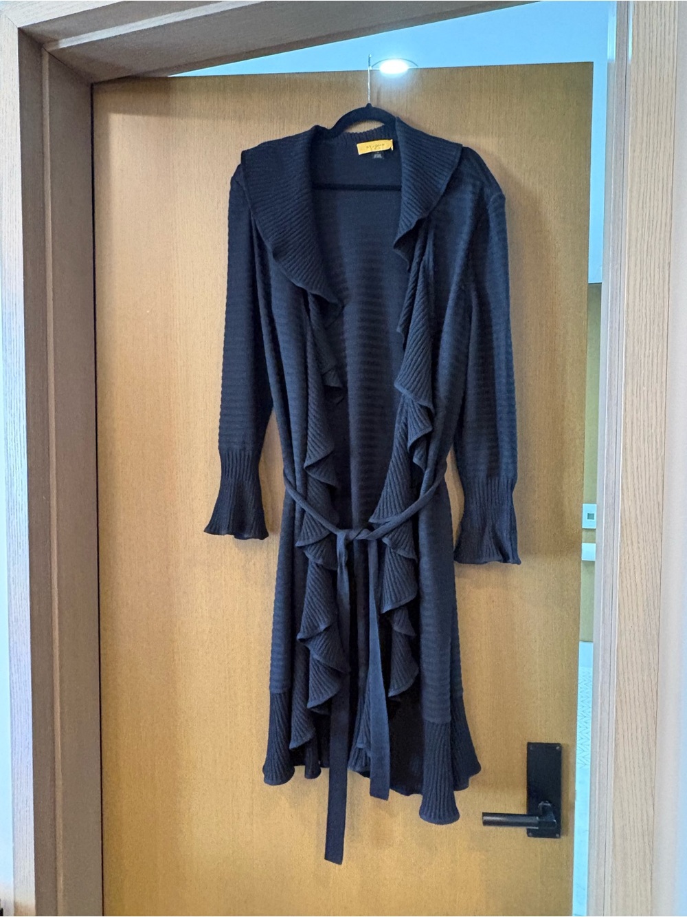 St. John Black Ruffled Knit Duster Cardigan with Belt